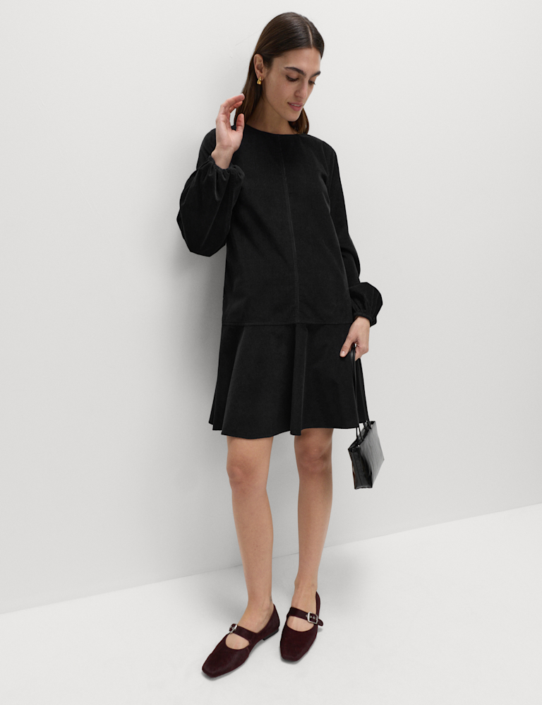 Corduroy Round Neck Mini Drop Waist Dress