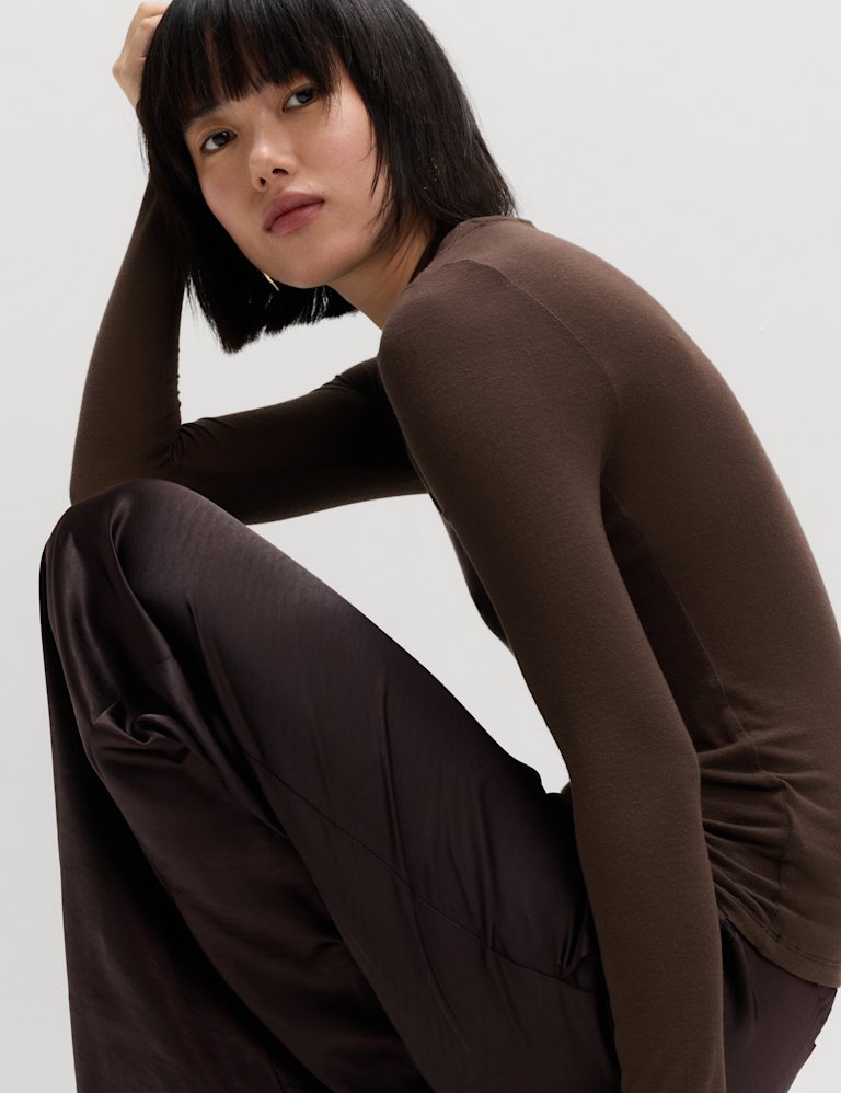 Jersey High Neck Long Sleeve Top with Stretch