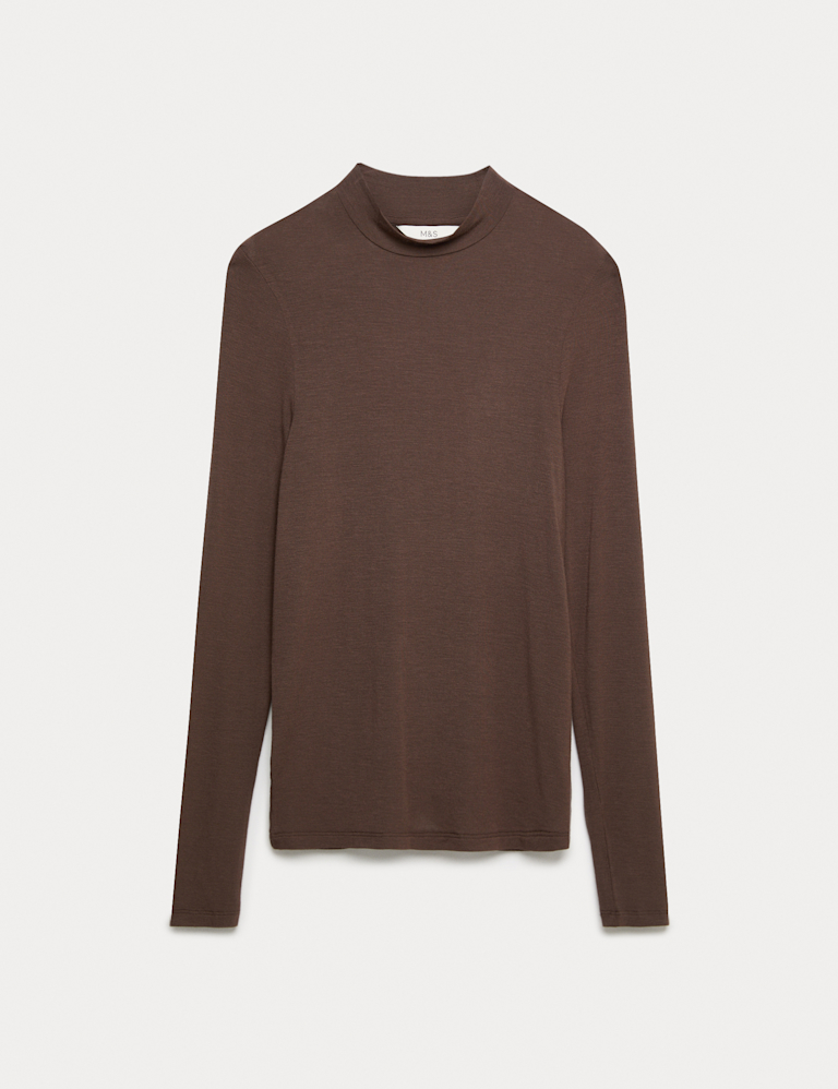 Jersey High Neck Long Sleeve Top with Stretch