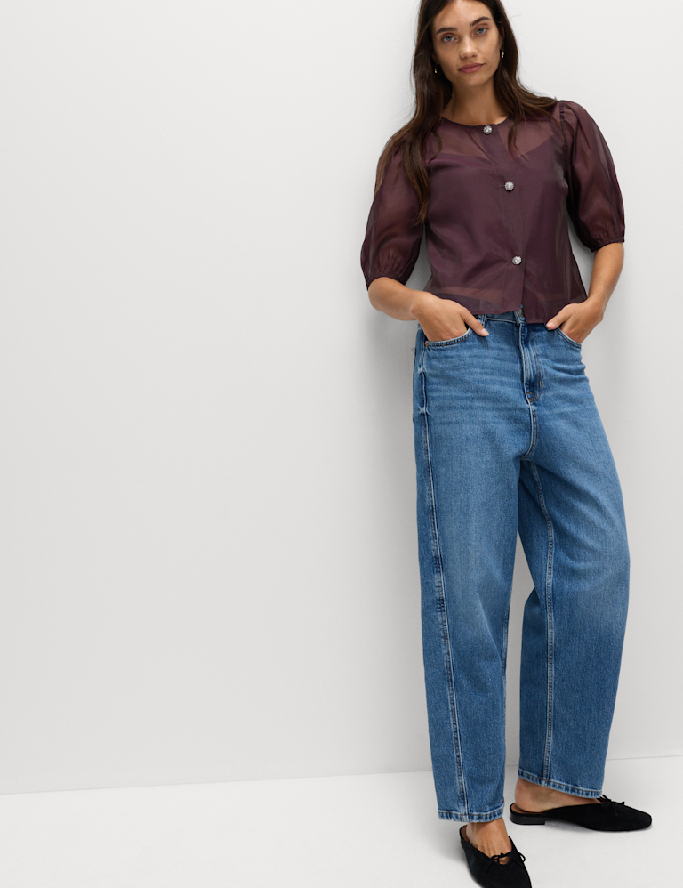 Organza Embellished Button Detail Top