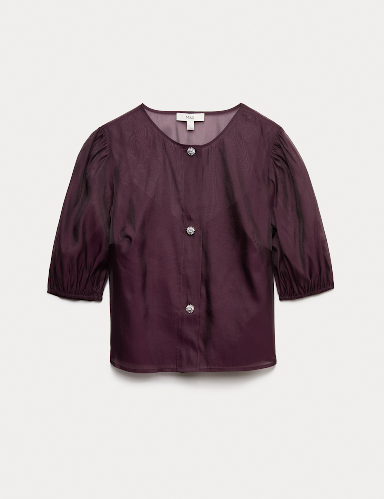 Organza Embellished Button Detail Top