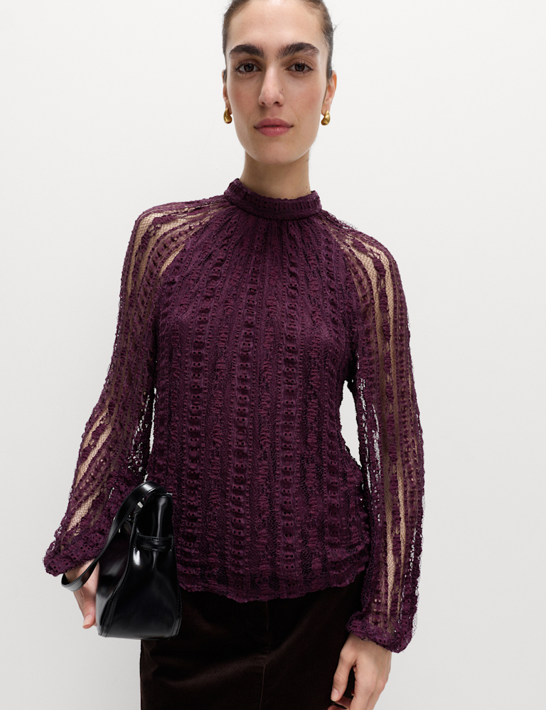 Jersey Lace High Neck Blouse with Stretch