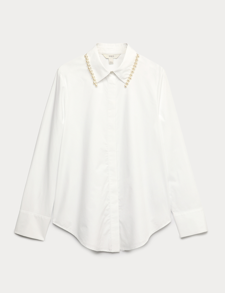 Pure Cotton Beaded Collar Oversized Shirt