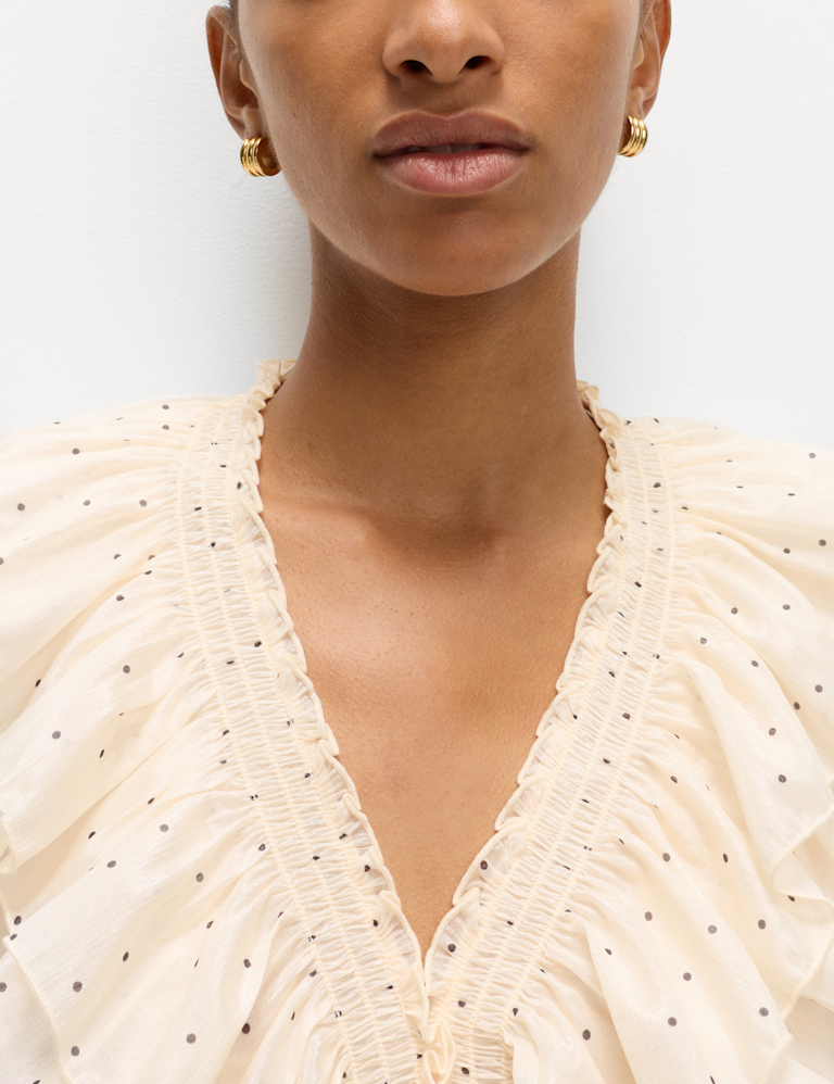 Polka Dot V-Neck Frill Detail Top