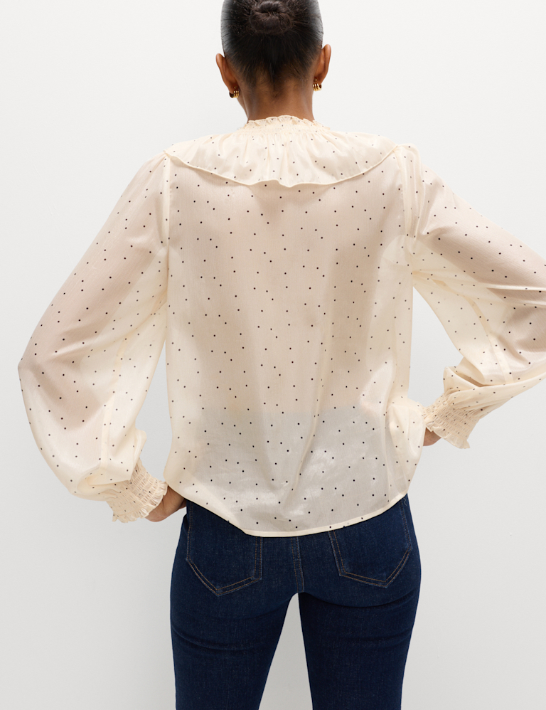 Polka Dot V-Neck Frill Detail Top