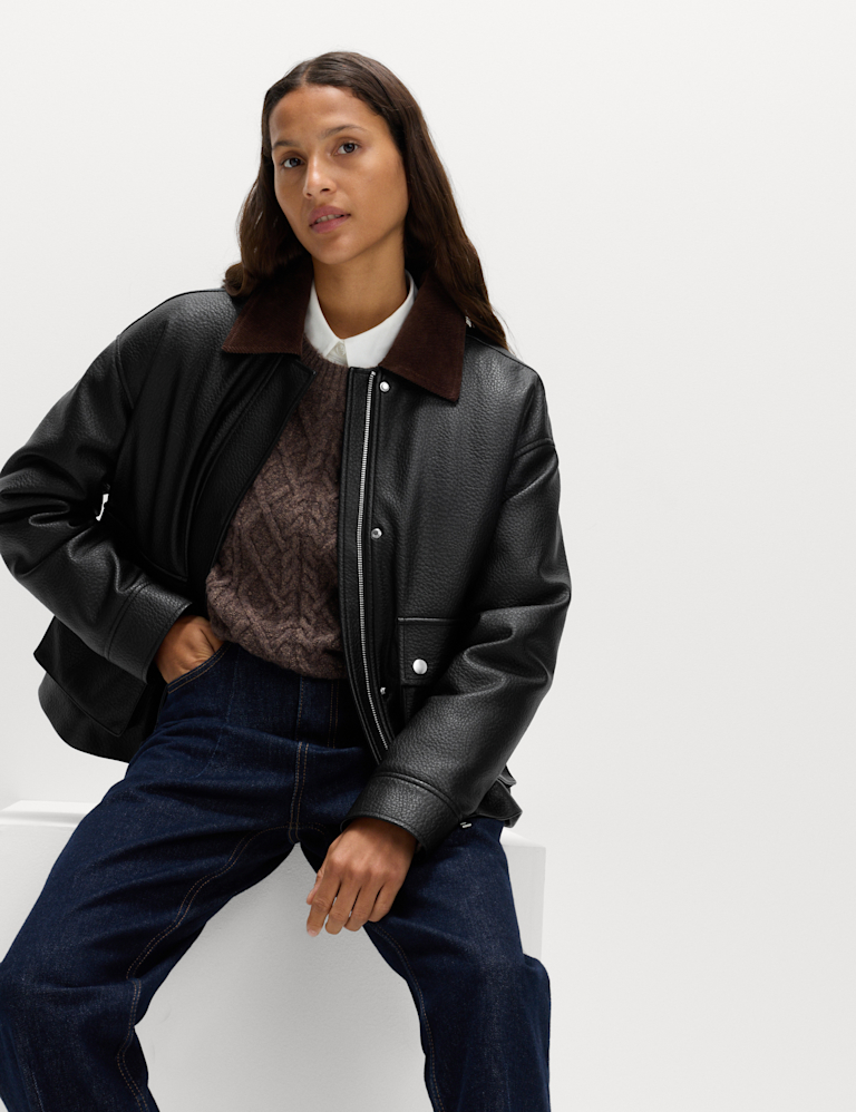 Faux Leather Padded Corduroy Collar Jacket Faux Leather Padded Corduroy Collar Jacket