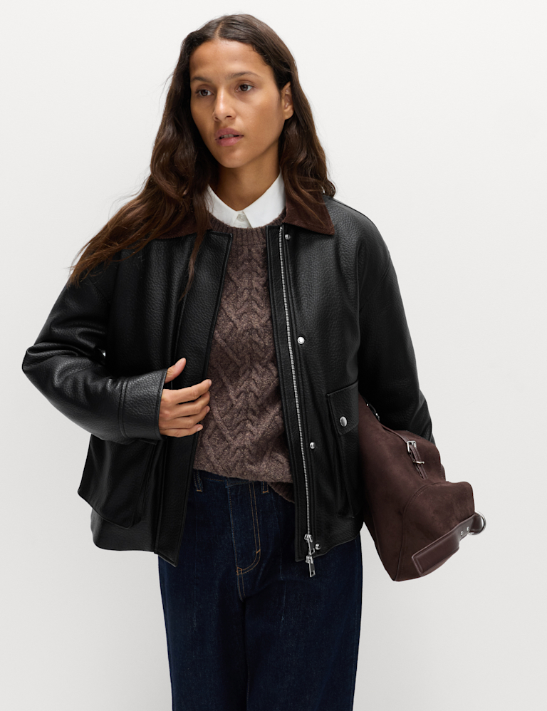 Faux Leather Padded Corduroy Collar Jacket