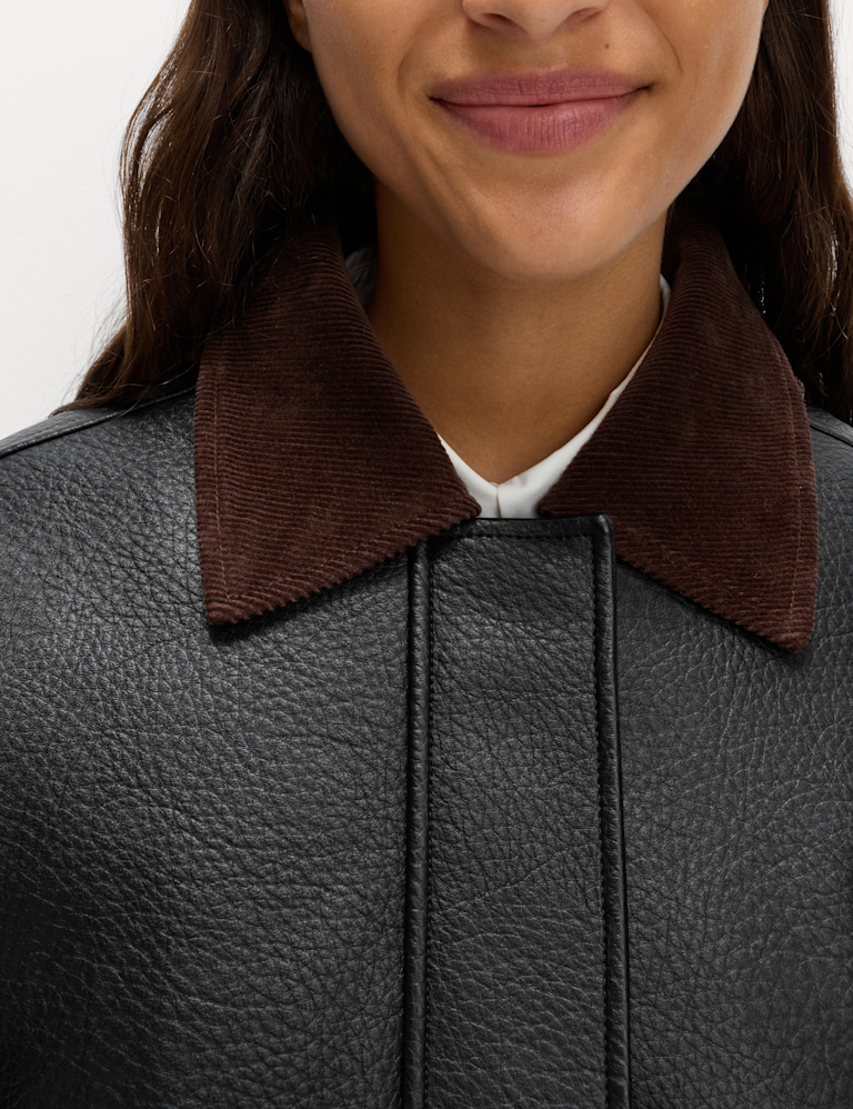 Faux Leather Padded Corduroy Collar Jacket