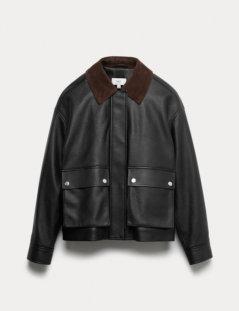 Faux Leather Padded Corduroy Collar Jacket