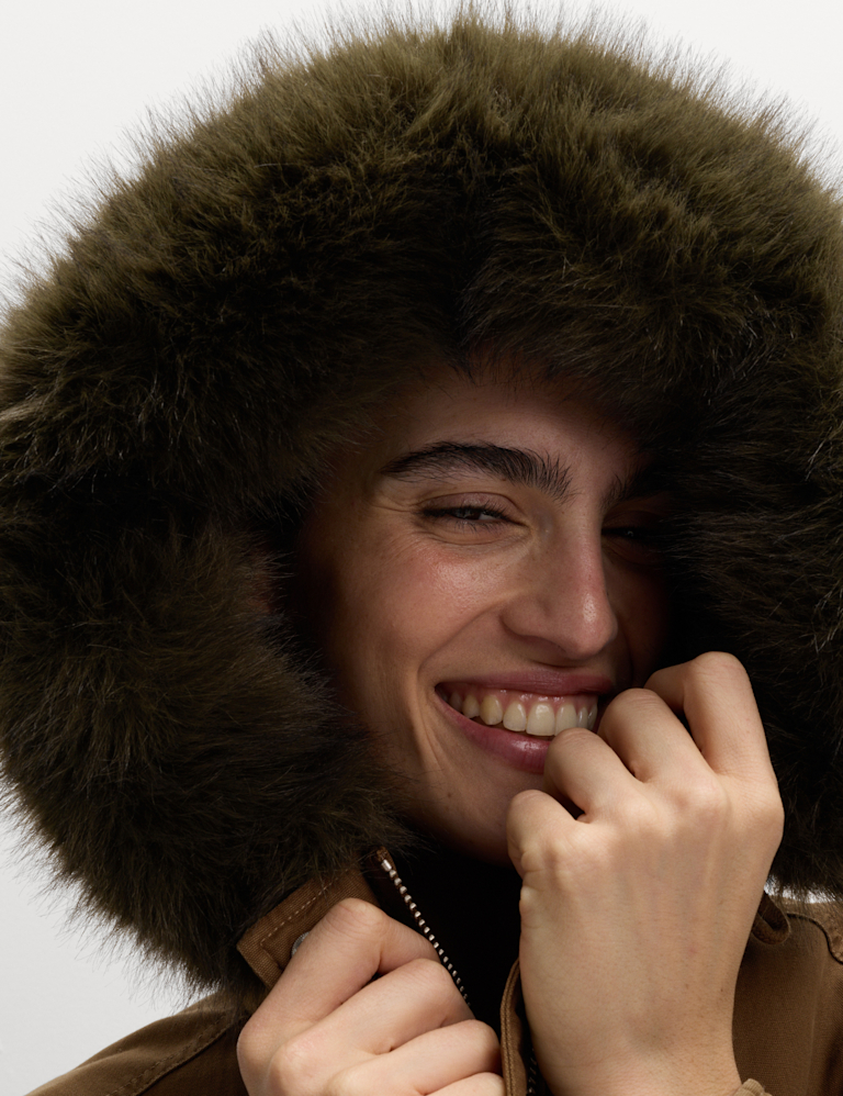 Pure Cotton Faux Fur Trim Parka Coat