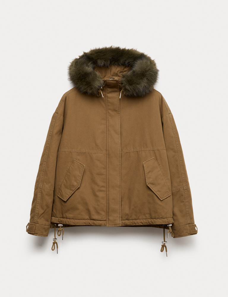 Pure Cotton Faux Fur Trim Parka Coat