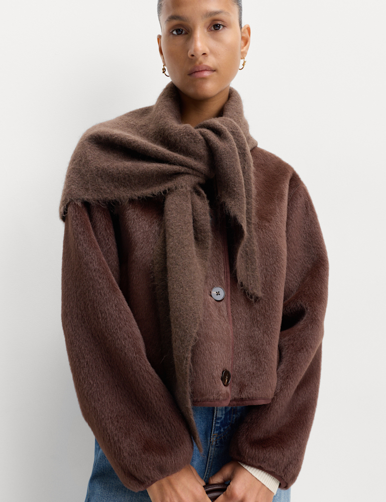 Faux Fur Collarless Relaxed Fit Jacket Faux Fur Collarless Relaxed Fit Jacket