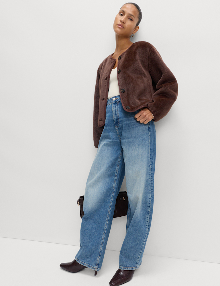 Faux Fur Collarless Relaxed Fit Jacket