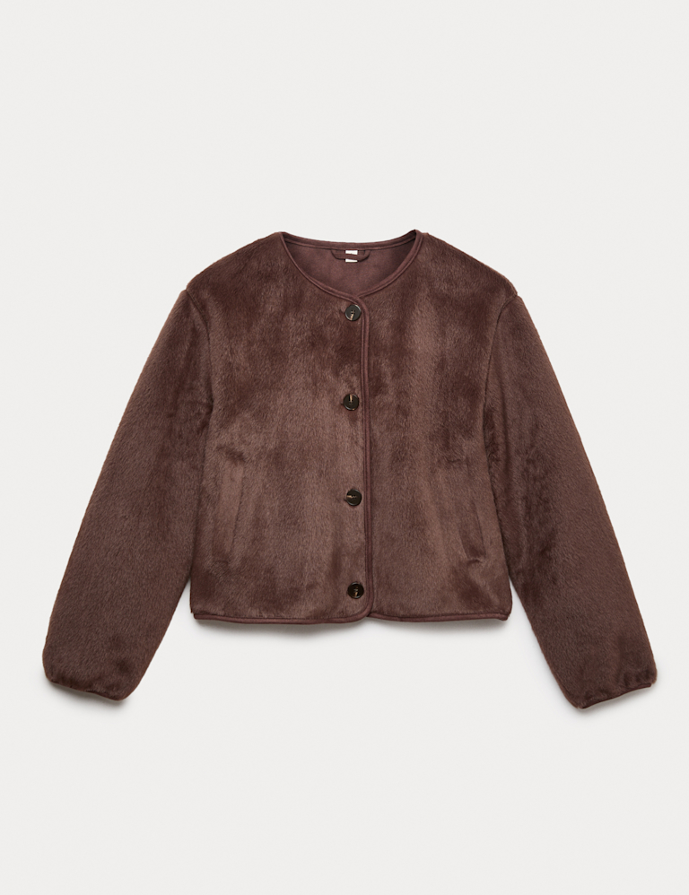 Faux Fur Collarless Relaxed Fit Jacket