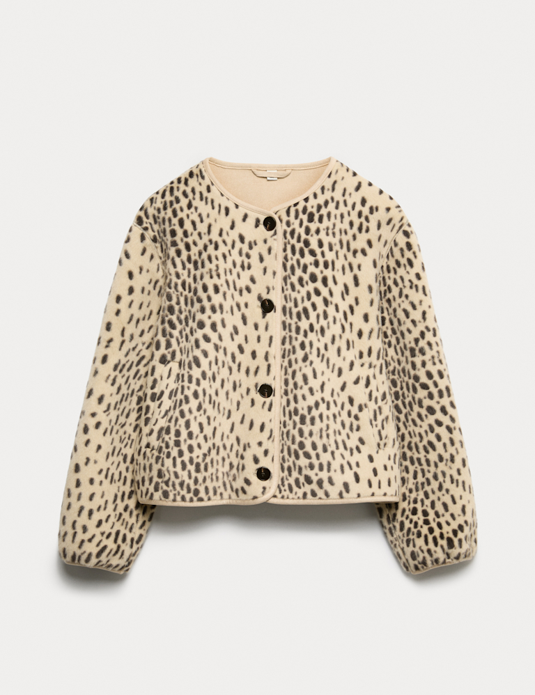 Faux Fur Animal Print Collarless Jacket