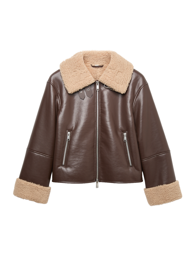 Faux Shearling Buckle Detail Aviator Jacket