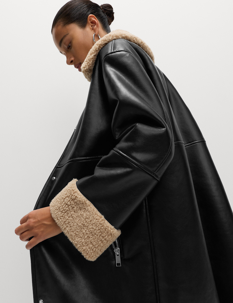 Faux Shearling Collared Longline Aviator Coat