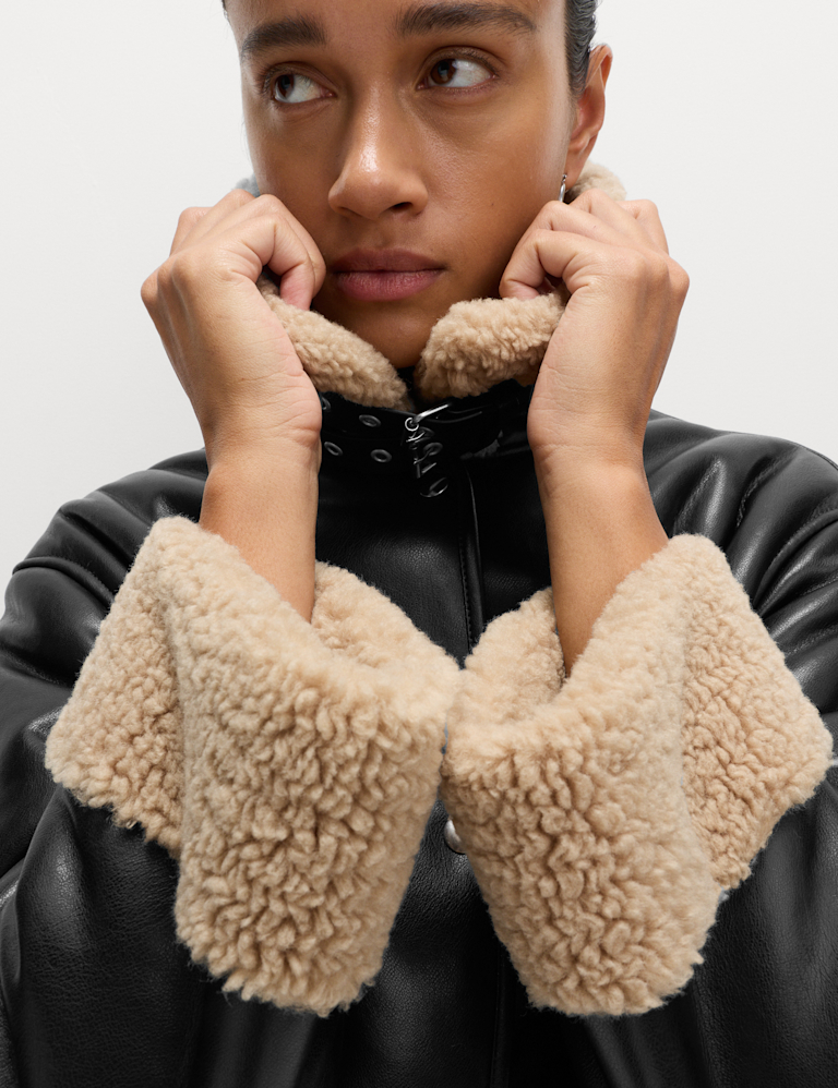 Faux Shearling Collared Longline Aviator Coat