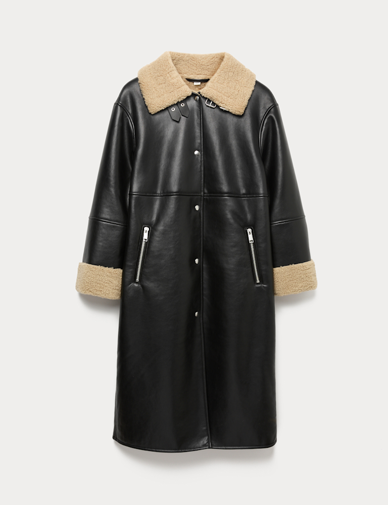 Faux Shearling Collared Longline Aviator Coat