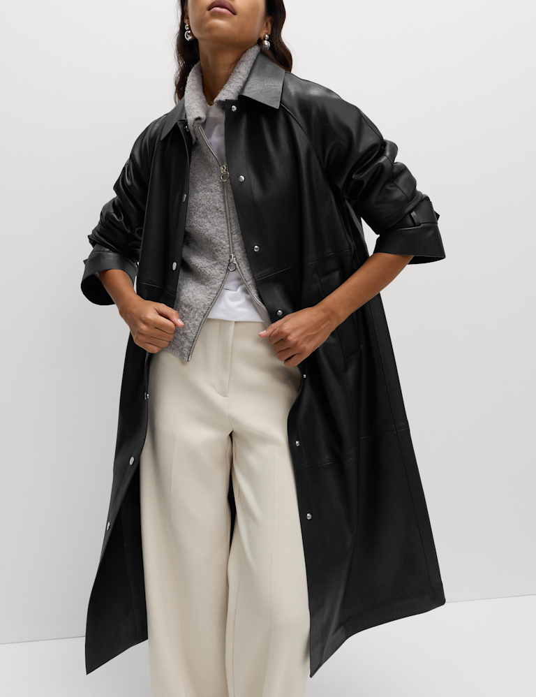 Faux Leather Collared Longline Car Coat Faux Leather Collared Longline Car Coat