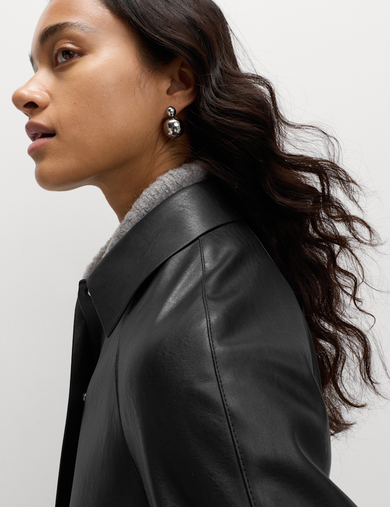 Faux Leather Collared Longline Car Coat