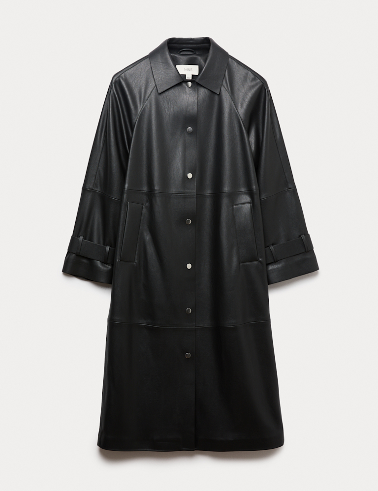 Faux Leather Collared Longline Car Coat