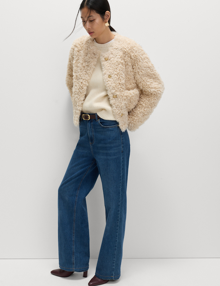 Faux Fur Textured Collarless Short Jacket