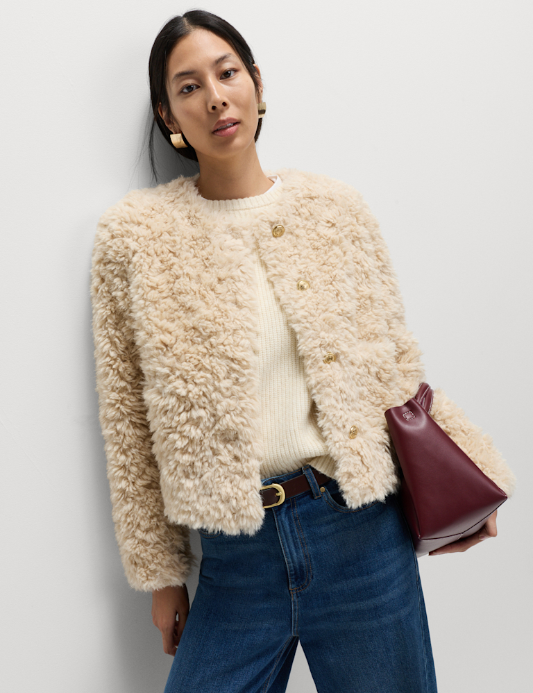 Faux Fur Textured Collarless Short Jacket