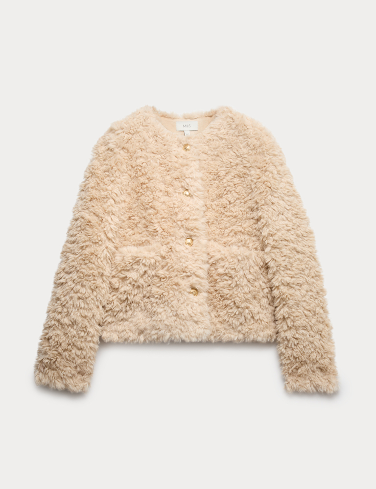 Faux Fur Textured Collarless Short Jacket