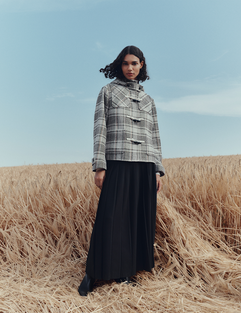 Checked Hooded Duffle Coat With Wool Checked Hooded Duffle Coat With Wool