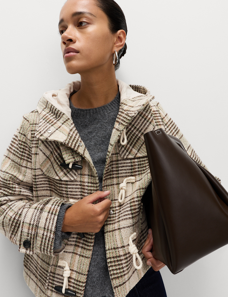 Checked Hooded Duffle Coat With Wool
