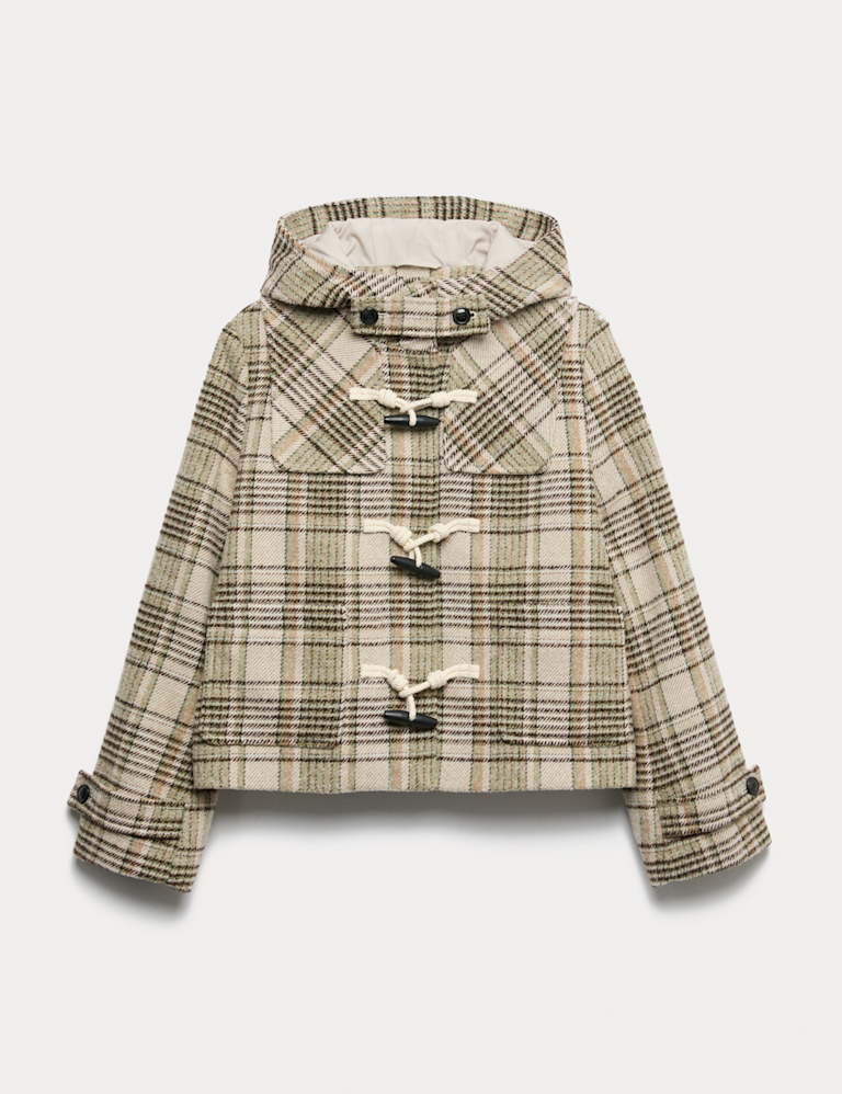 Checked Hooded Duffle Coat With Wool