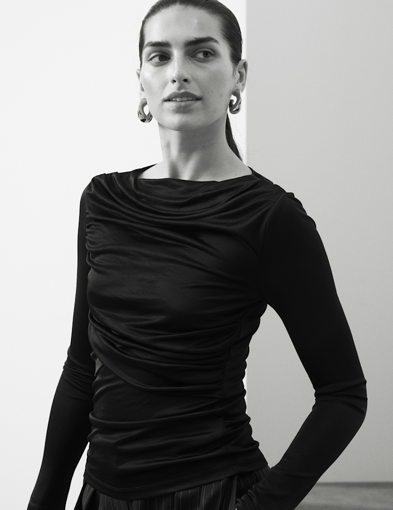 Jersey Draped Slash Neck Fitted Top