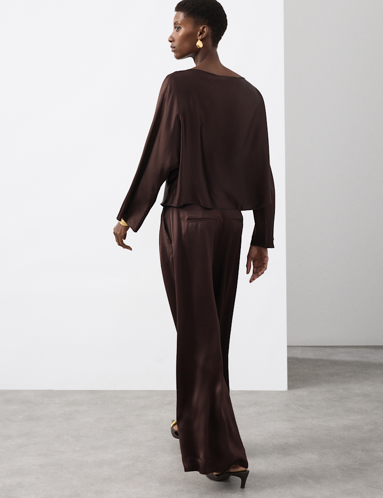 Satin Draped Slash Neck Blouse