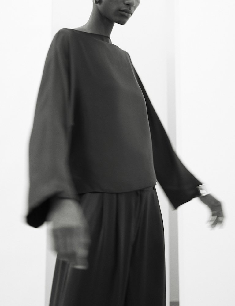 Satin Draped Slash Neck Blouse