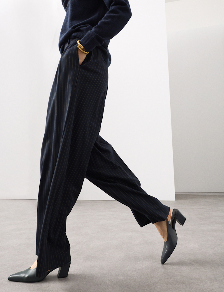 Wool Blend Pinstripe Wide Leg Trousers
