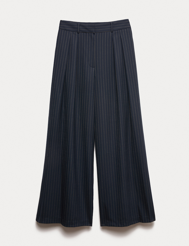 Wool Blend Pinstripe Wide Leg Trousers