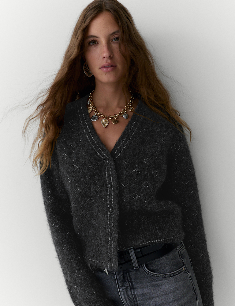 Jacquard V-Neck Cardigan with Wool