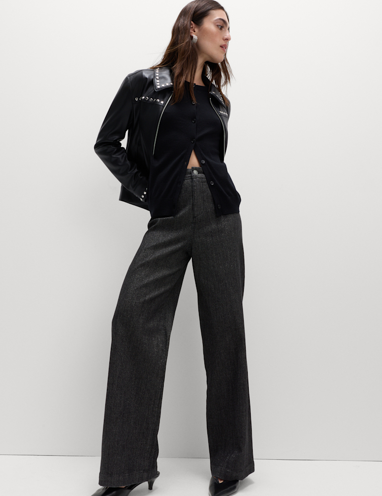 High Waisted Shimmer Wide Leg Ankle Grazer Jeans High Waisted Shimmer Wide Leg Ankle Grazer Jeans