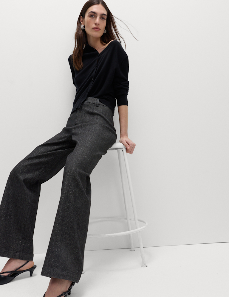 High Waisted Shimmer Wide Leg Ankle Grazer Jeans