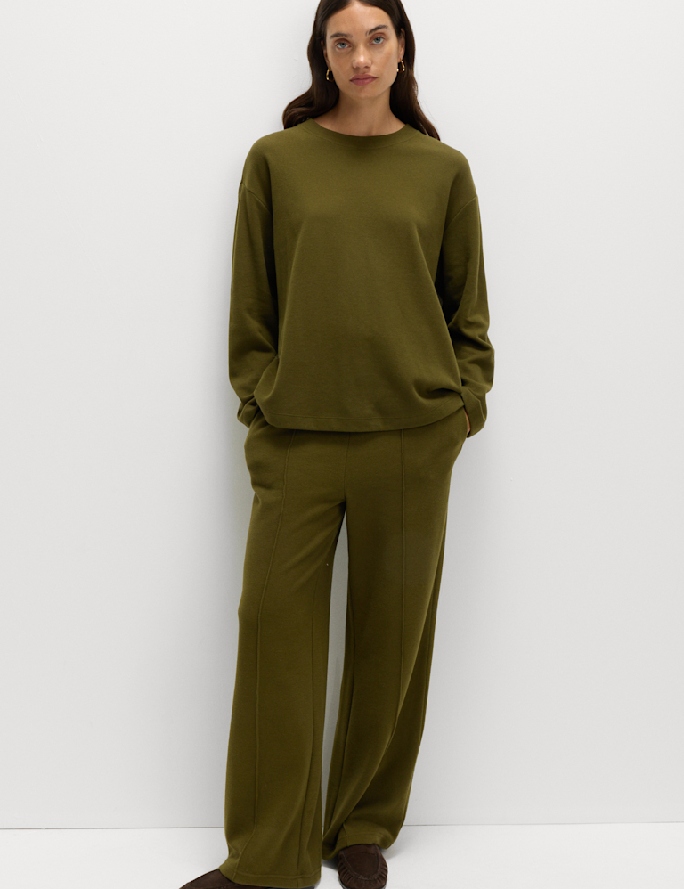 Cotton Blend Cosy Rib Pintuck Wide Leg Trousers
