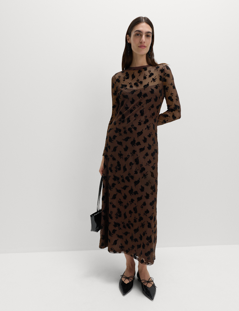 Devoré Floral Round Neck Midaxi Dress