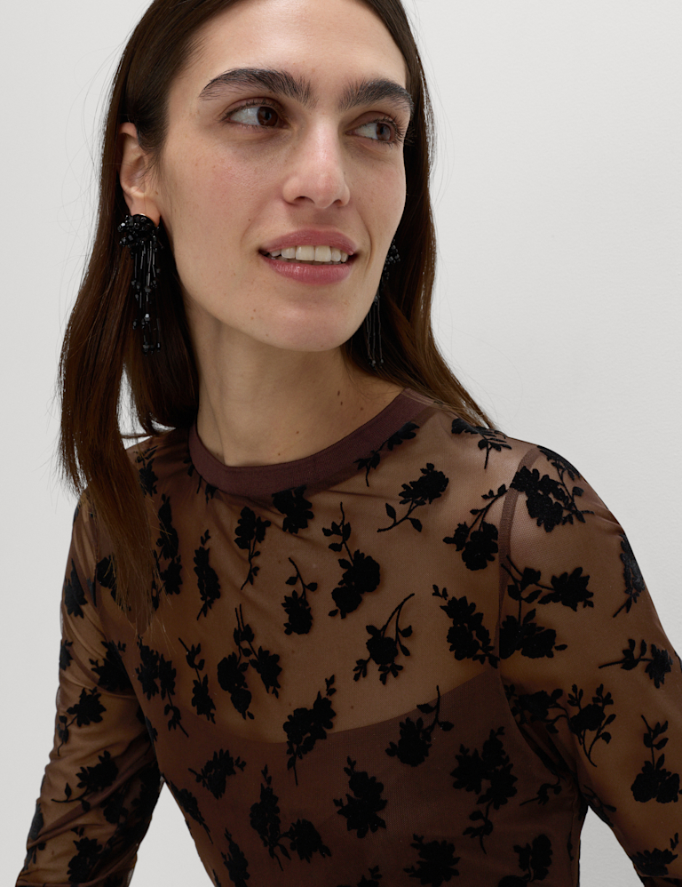 Devoré Floral Round Neck Midaxi Dress