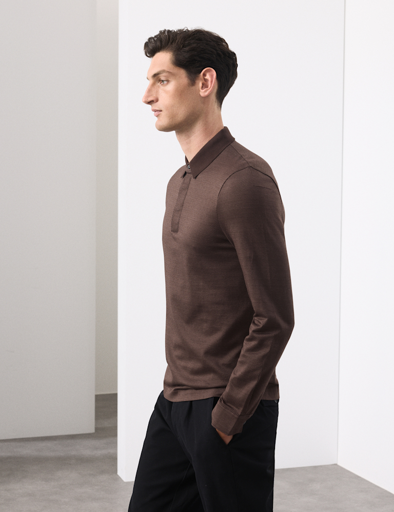 Pure Cotton Textured Long Sleeve Polo Shirt