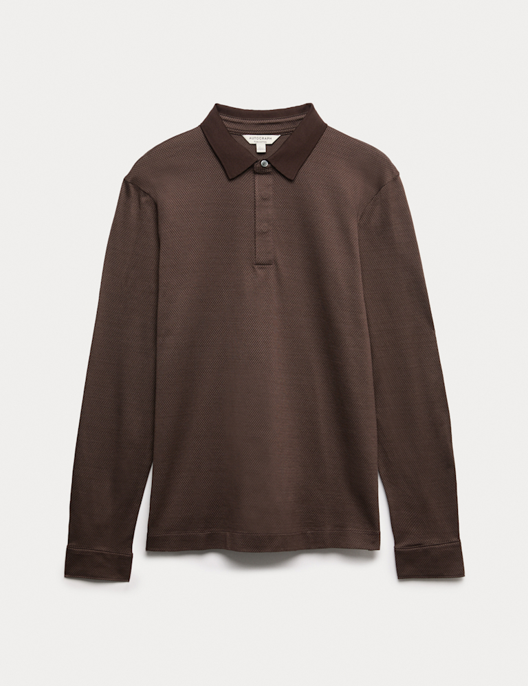 Pure Cotton Textured Long Sleeve Polo Shirt