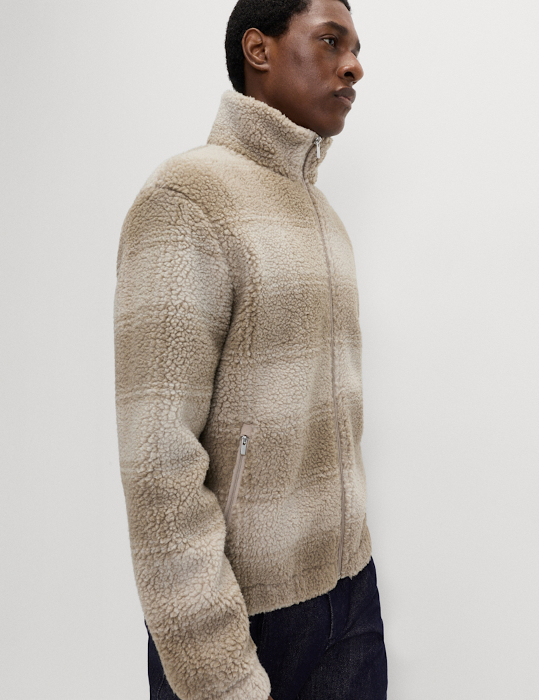 Fleece Jacquard Checked Zip Up Jacket