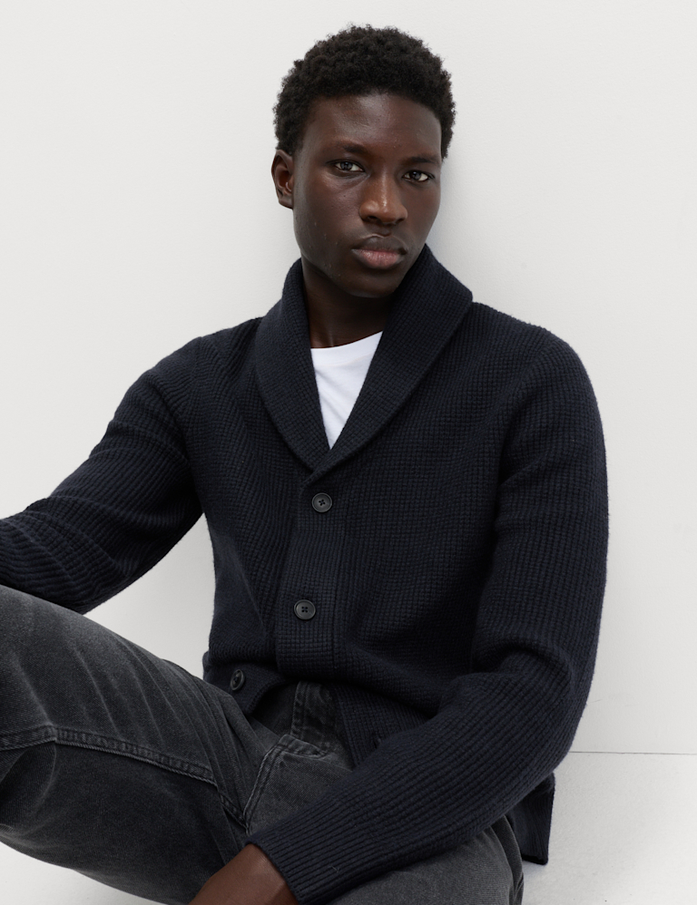 Air-Yarn Waffle Knit Shawl Neck Cardigan Air-Yarn Waffle Knit Shawl Neck Cardigan