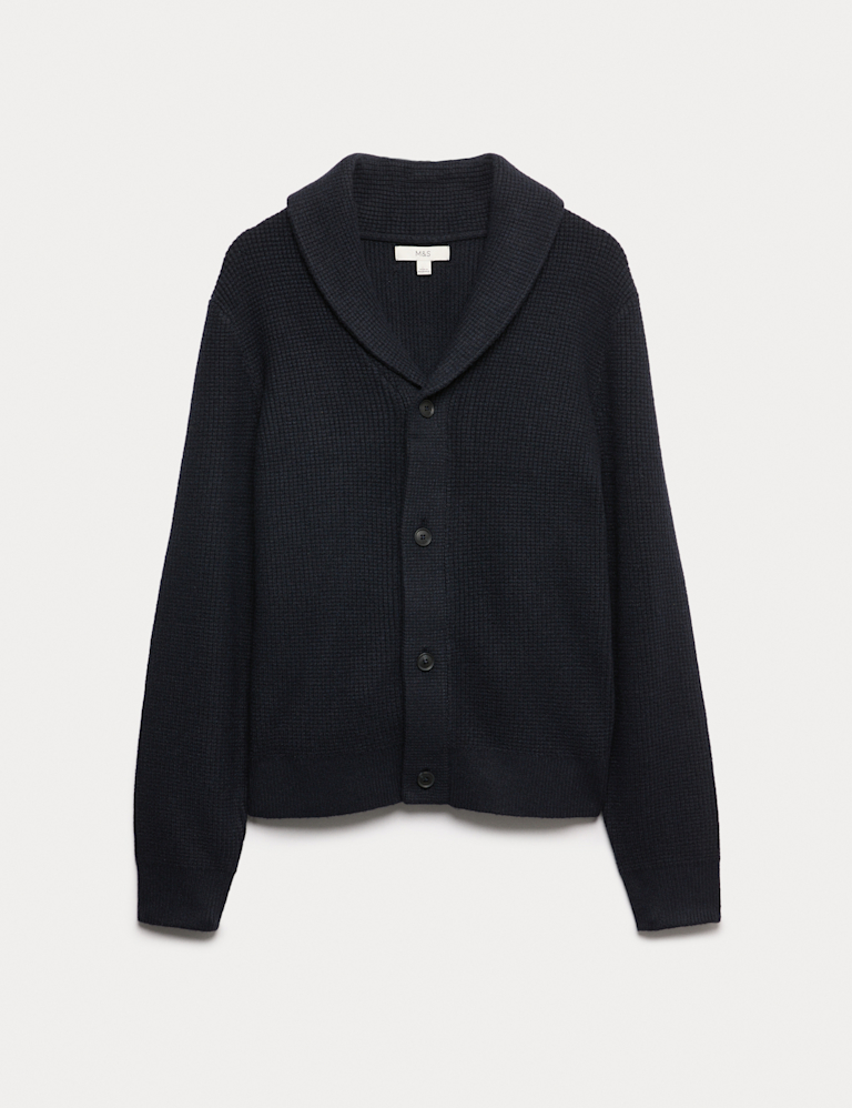 Air-Yarn Waffle Knit Shawl Neck Cardigan