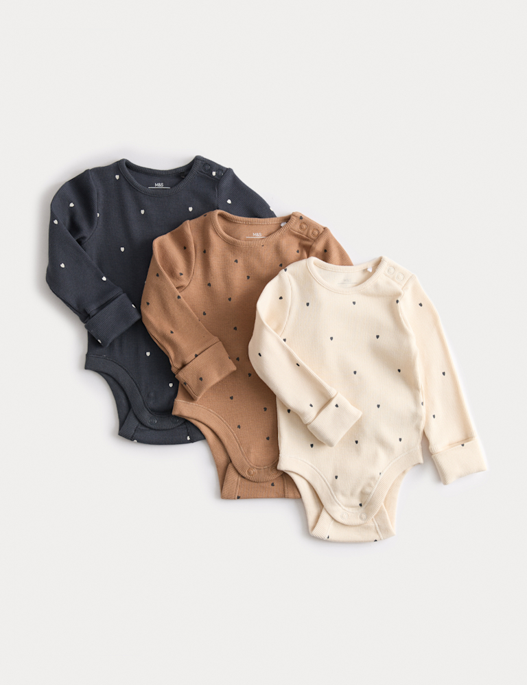 3pk Cotton Rich Heart Long Sleeved Bodysuits (0 Mths-3 Yrs)