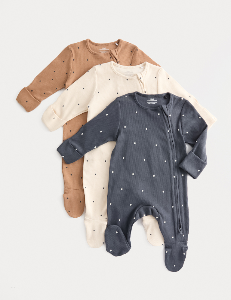 3pk Cotton Rich Heart Ribbed Sleepsuits (6½lbs-3 Yrs) 3pk Cotton Rich Heart Ribbed Sleepsuits (6½lbs-3 Yrs)